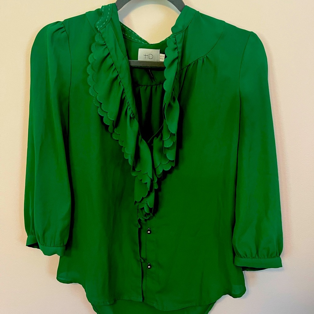 Anthropologie green ruffle blouse size XS